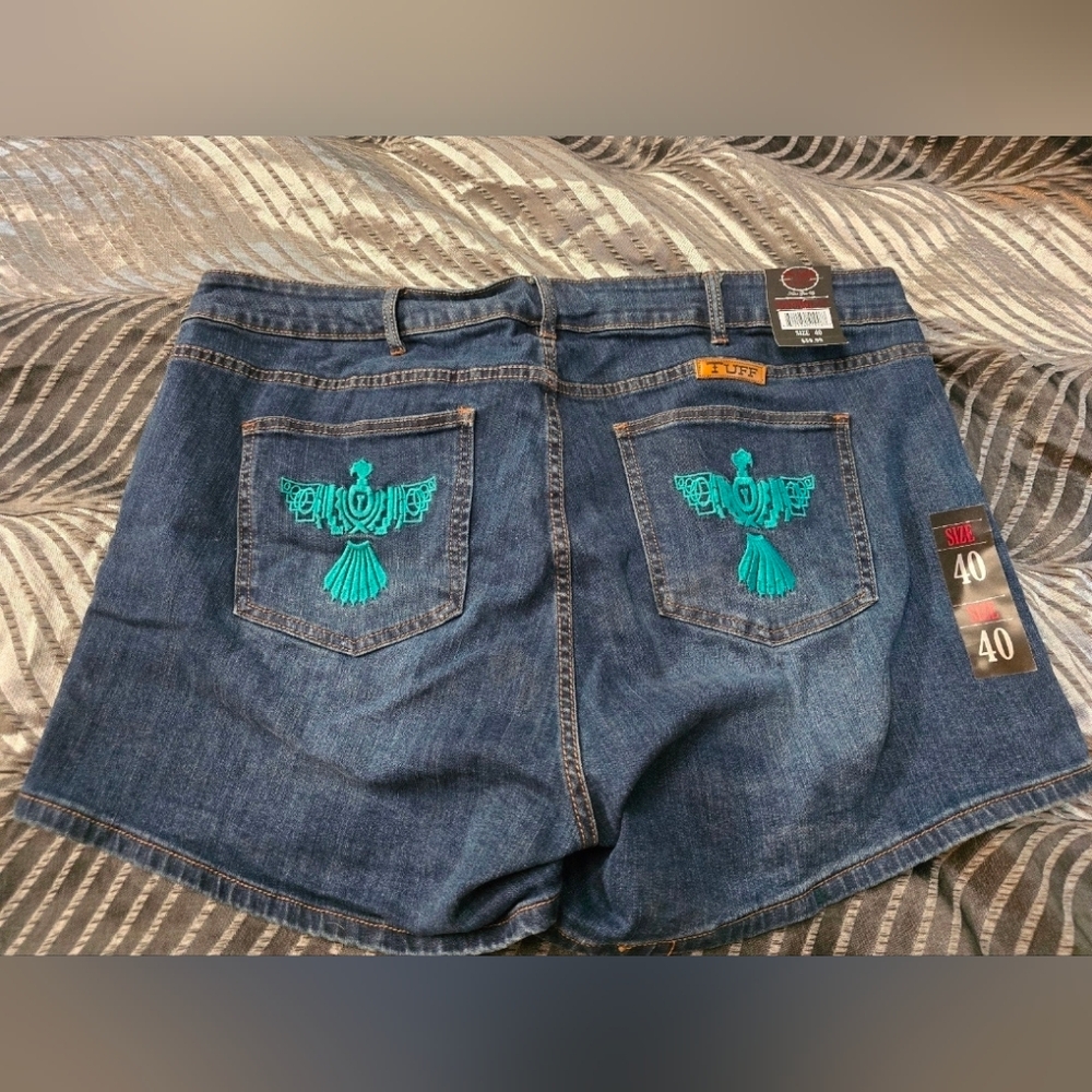 Denim Shorts with Teal Embroidery